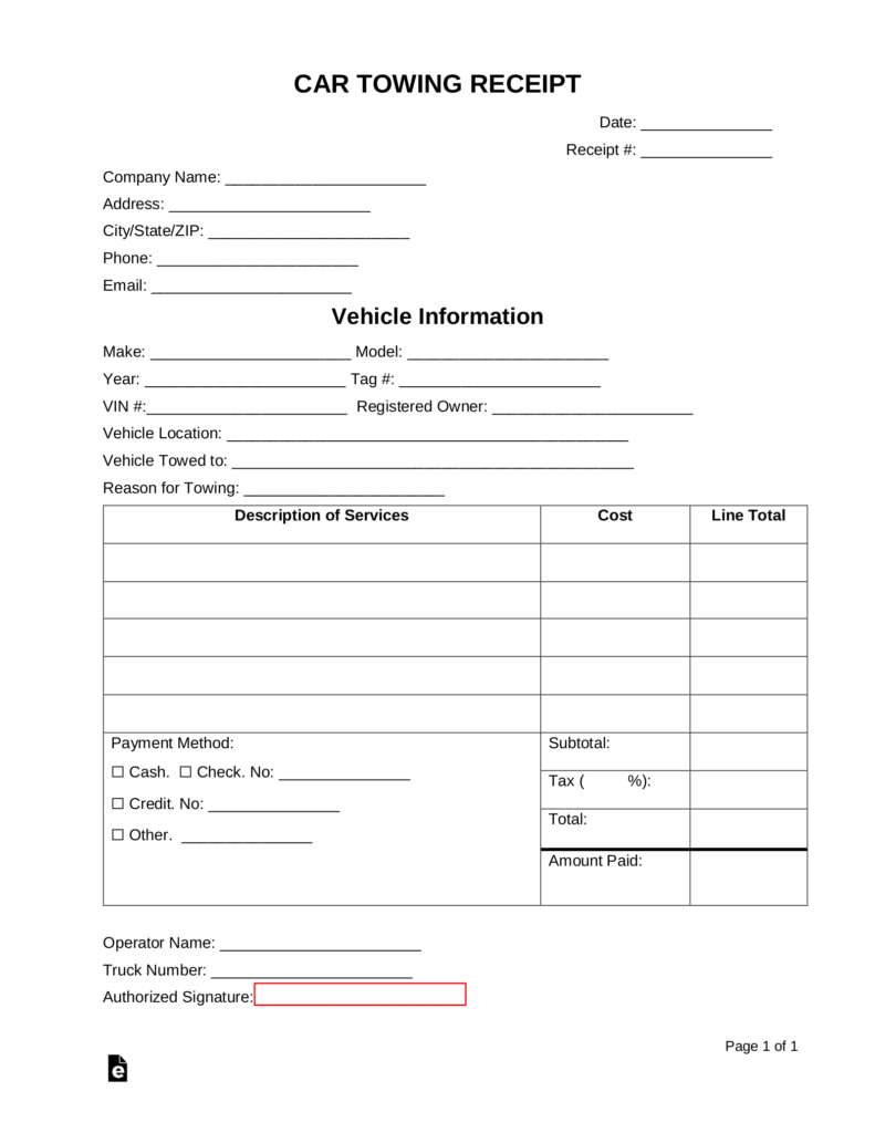 Car Towing Receipt Template